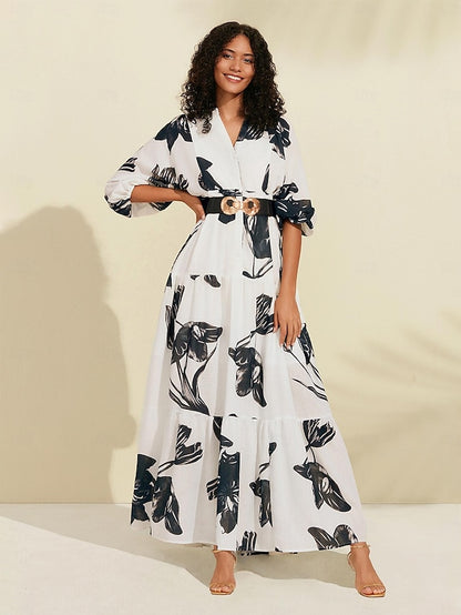 Floral V Neck Belted Maxi Dress