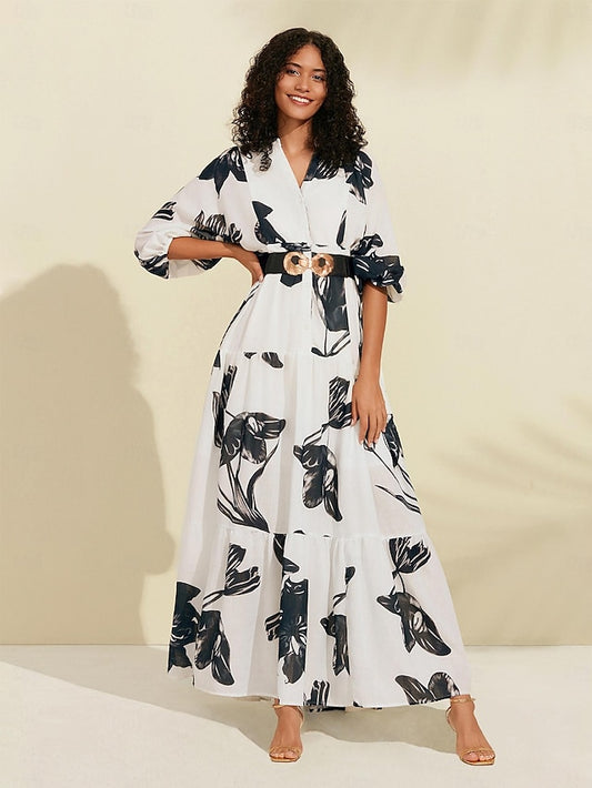 Floral V Neck Belted Maxi Dress