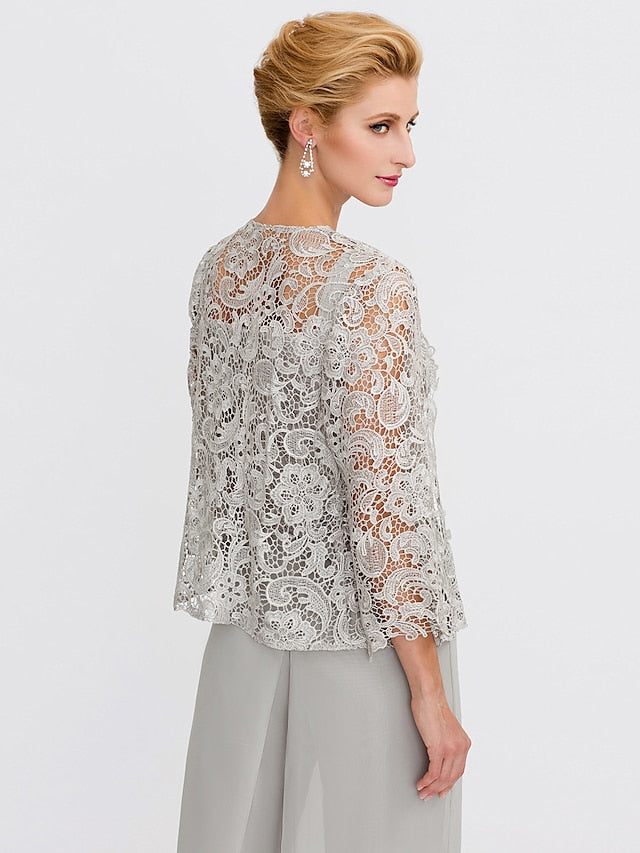 Jumpsuit / Pantsuit Mother of the Bride Dress Formal Plus Size Elegant Square Neck Floor Length Chiffon Corded Lace Sleeveless Wrap Included with Lace Appliques 2023 - LuckyFash™