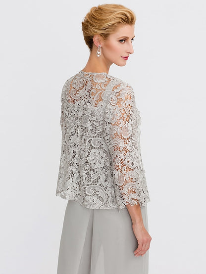 Jumpsuit / Pantsuit Mother of the Bride Dress Formal Plus Size Elegant Square Neck Floor Length Chiffon Corded Lace Sleeveless Wrap Included with Lace Appliques 2023 - LuckyFash™