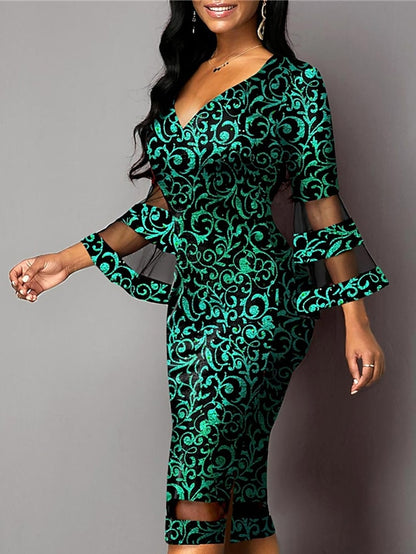 Women's Dress - Party Dress Bodycon Sheath Dress Midi Dress Red Green 3/4 Length Sleeve Floral Mesh Summer Spring V Neck Fashion Party Vacation 2023 S M L XL XXL