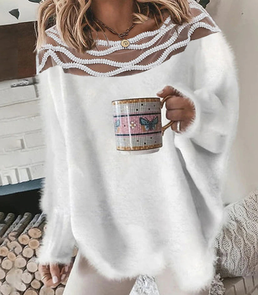 Women's Pullover Sweater Jumper Crew Neck Crochet Fuzzy Knit Imitation Mink Lace Trims Fall Winter Cropped Daily Going out Stylish Long Sleeve Solid Color White S M L