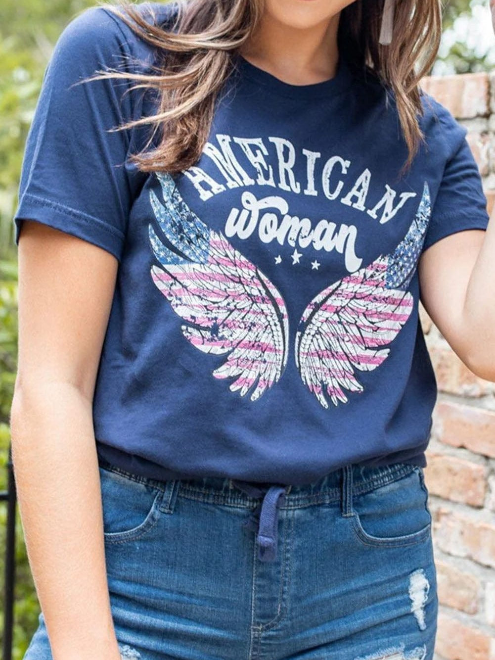 American Flag Eagle Wing Graphic Tee in Blue for Women