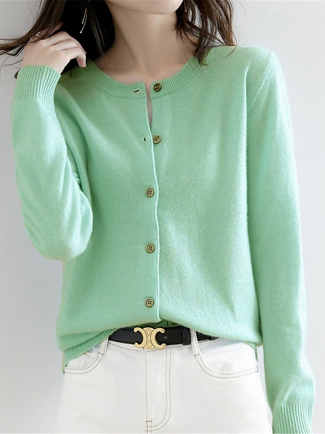 Women's Cardigan Sweater Jumper Ribbed Knit Button Solid Color Crew Neck Stylish Casual Outdoor Daily Autumn Winter Wine Red Big red S M L