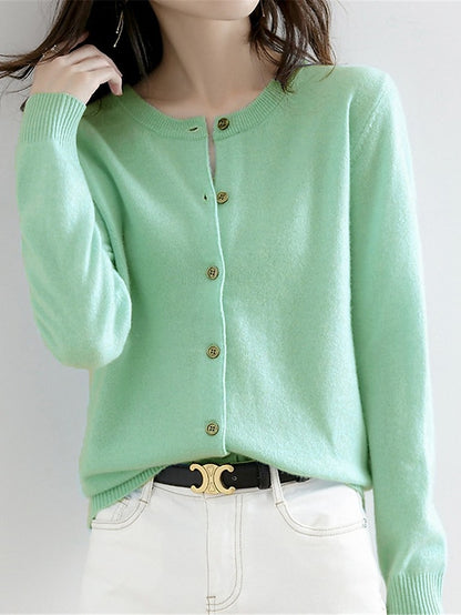 Women's Cardigan Sweater Jumper Ribbed Knit Button Solid Color Crew Neck Stylish Casual Outdoor Daily Autumn Winter Wine Red Big red S M L