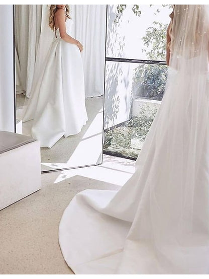 Engagement Sexy Wedding Dresses A-Line Sweetheart Strapless Court Train Satin Bridal Gowns With Split Front 2023 Summer Wedding Party, Women's Clothing - LuckyFash™