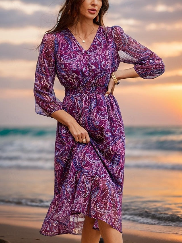 Women's Paisley Metallic Crinkle Chiffon Elastic Waist Midi Dress