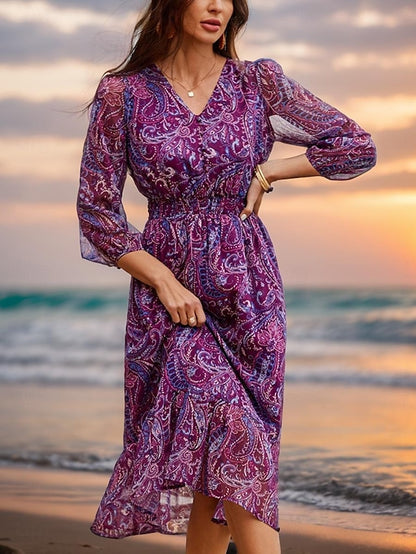 Women's Paisley Metallic Crinkle Chiffon Elastic Waist Midi Dress