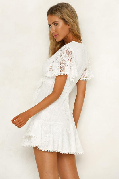 Angel Sleeve Floral Lace Wrap Mini Dress with V Neck - Elegant Summer Wedding Dress