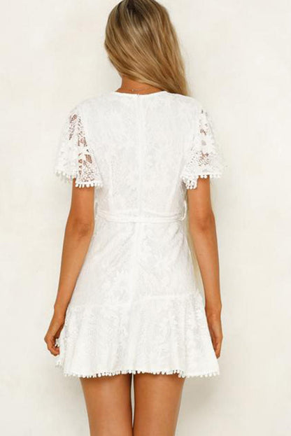 Angel Sleeve Floral Lace Wrap Mini Dress with V Neck - Elegant Summer Wedding Dress
