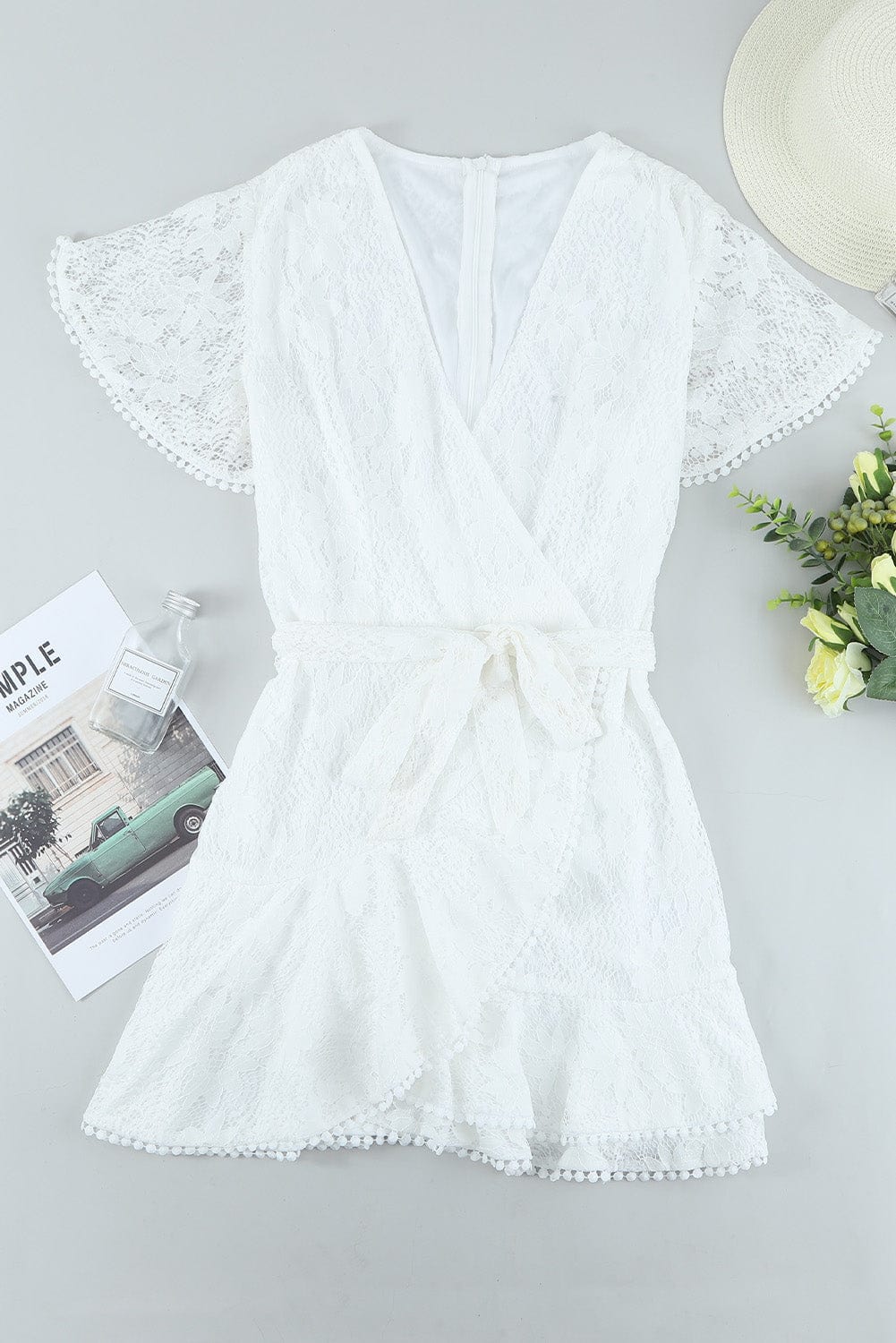Angel Sleeve Floral Lace Wrap Mini Dress with V Neck - Elegant Summer Wedding Dress