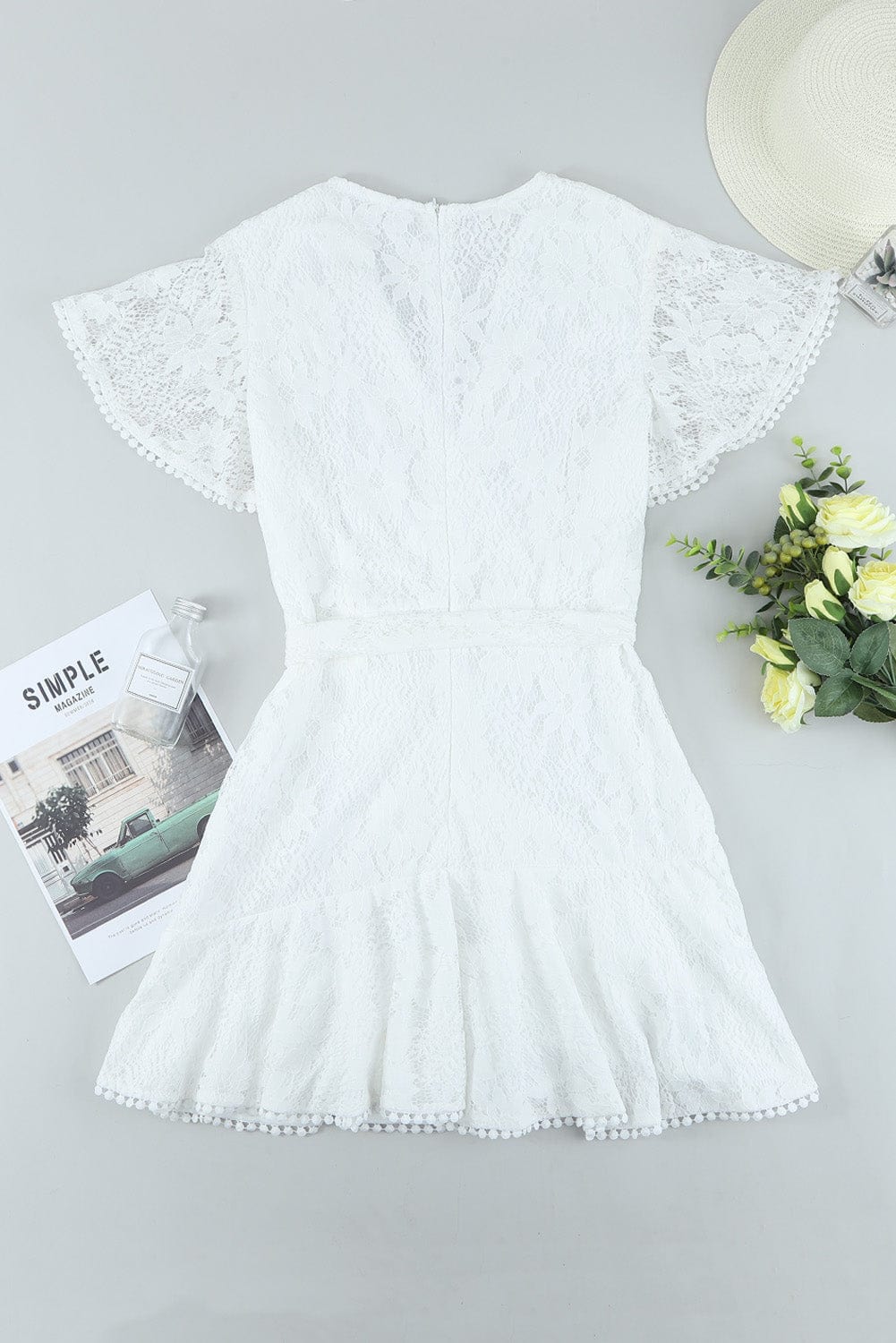 Angel Sleeve Floral Lace Wrap Mini Dress with V Neck - Elegant Summer Wedding Dress