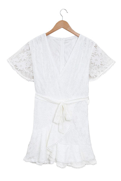 Angel Sleeve Floral Lace Wrap Mini Dress with V Neck - Elegant Summer Wedding Dress