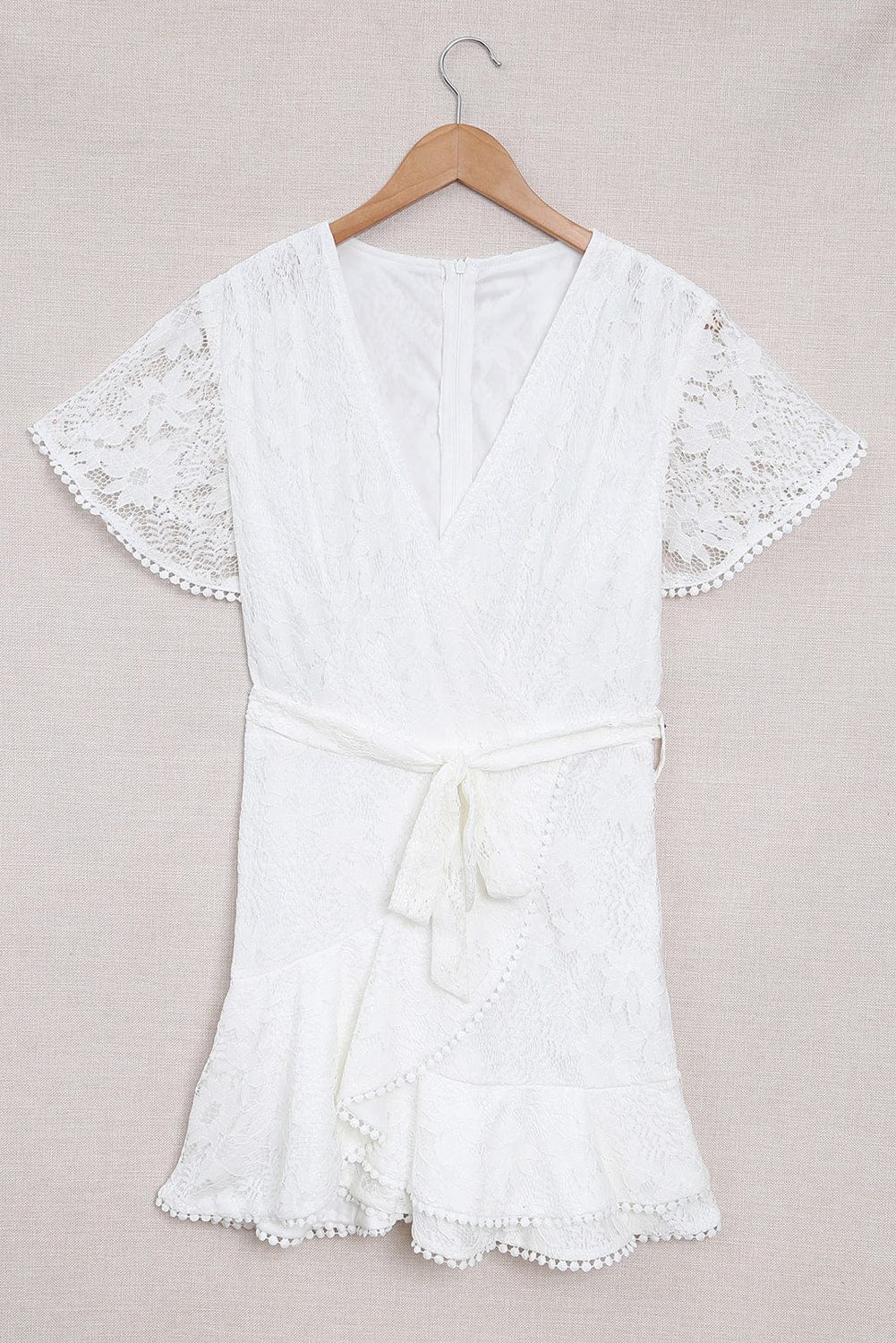 Angel Sleeve Floral Lace Wrap Mini Dress with V Neck - Elegant Summer Wedding Dress