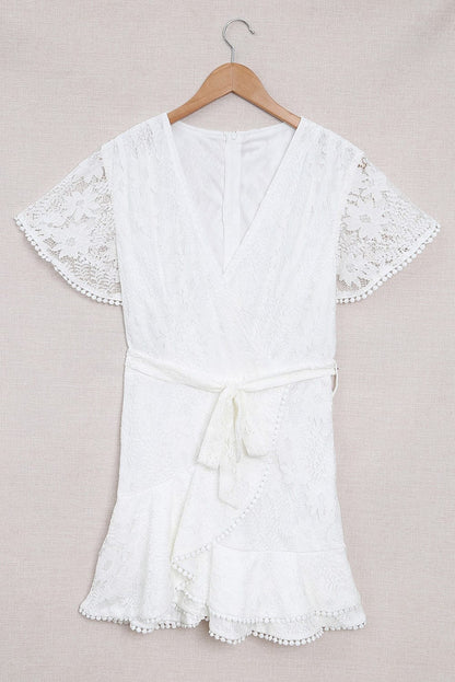 Angel Sleeve Floral Lace Wrap Mini Dress with V Neck - Elegant Summer Wedding Dress