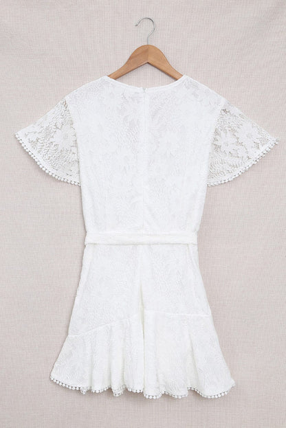 Angel Sleeve Floral Lace Wrap Mini Dress with V Neck - Elegant Summer Wedding Dress