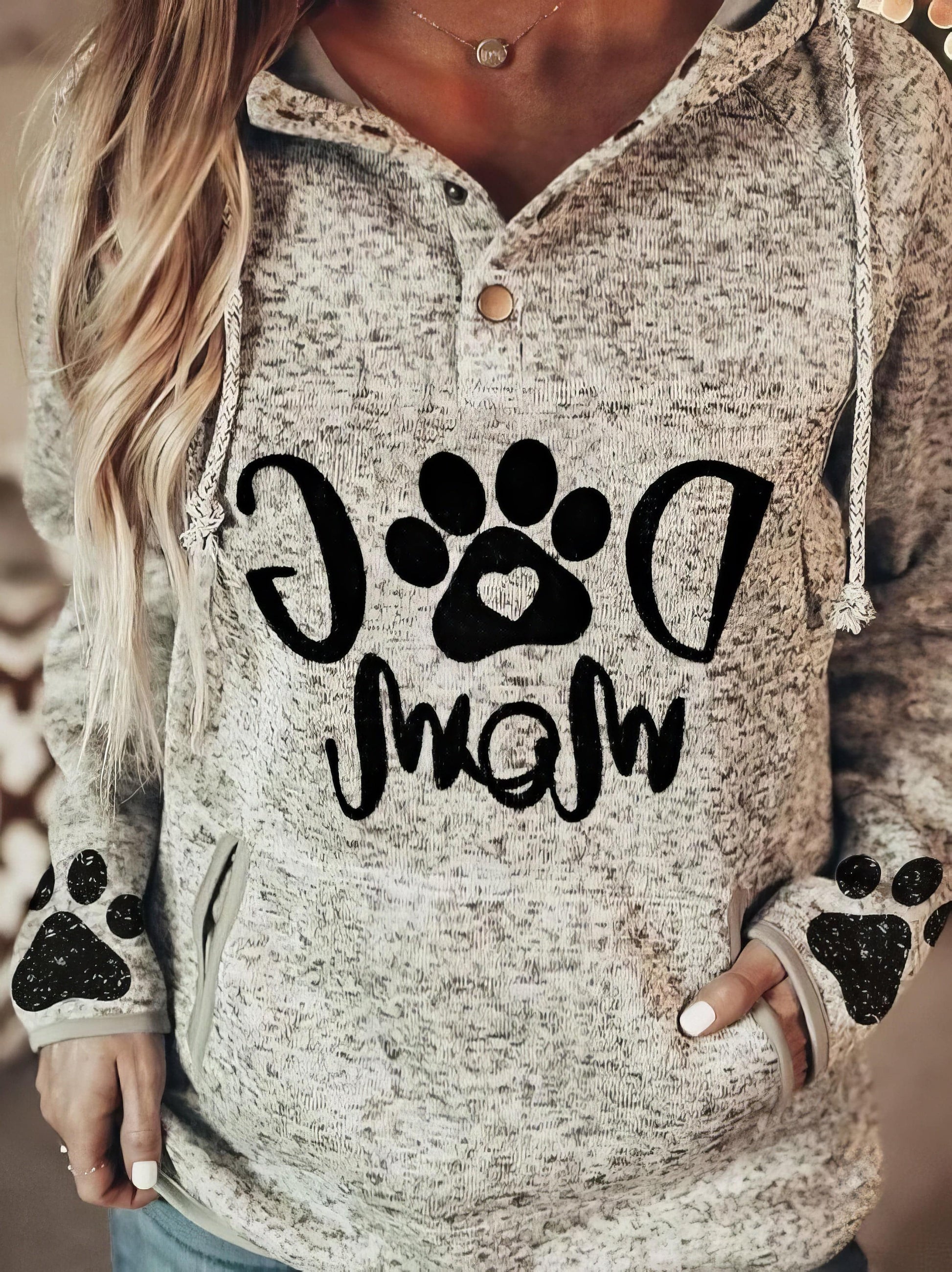 Animal Paw Print Pullover Button Hoodie - Gray - Women's Casual/Fashion Style