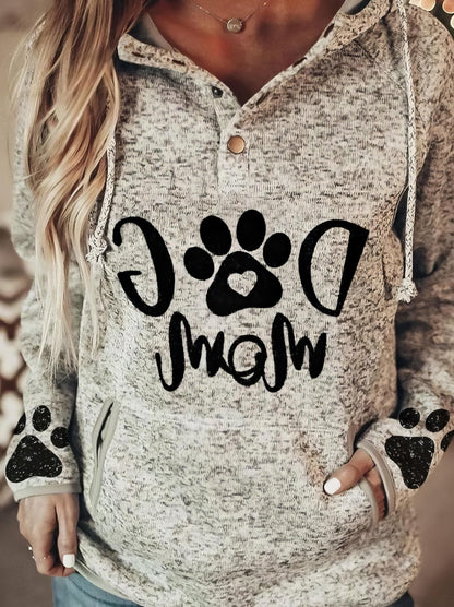 Animal Paw Print Pullover Button Hoodie - Gray - Women's Casual/Fashion Style