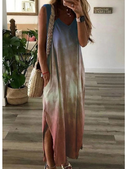 Women's Dress - Shift Dress Long Dress Maxi Dress Green Red Light Blue Sleeveless Tie Dye Spring Summer V Neck Hot S M L XL XXL 3XL