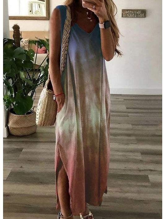 Women's Dress - Shift Dress Long Dress Maxi Dress Green Red Light Blue Sleeveless Tie Dye Spring Summer V Neck Hot S M L XL XXL 3XL