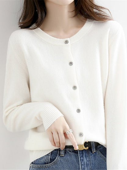 Women's Cardigan Sweater Jumper Ribbed Knit Button Solid Color Crew Neck Stylish Casual Outdoor Daily Autumn Winter Wine Red Big red S M L