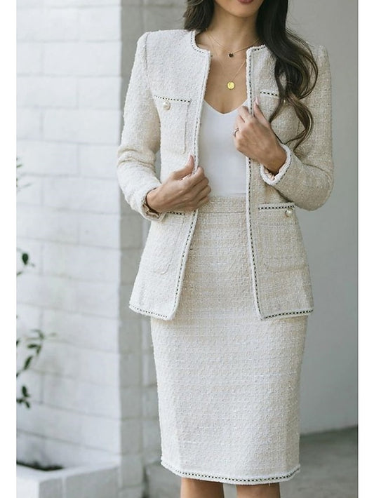 Women's Dress - Dress Set Two Piece Dress Sheath Dress Midi Dress White Long Sleeve Pure Color Button Spring Fall Crew Neck Stylish Office Wedding Guest 2023 S M L XL XXL 3XL