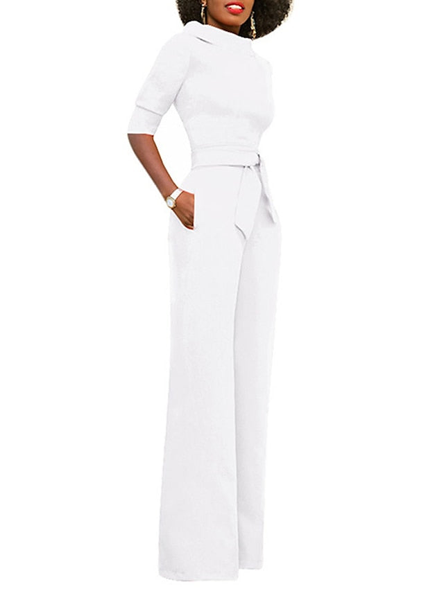 Jumpsuits for Women Summer Dressy Clean Fit Pocket High Waist Solid Color Stand Collar Business Office Work Regular Fit Half Sleeve Black White Yellow S M L - LuckyFash™