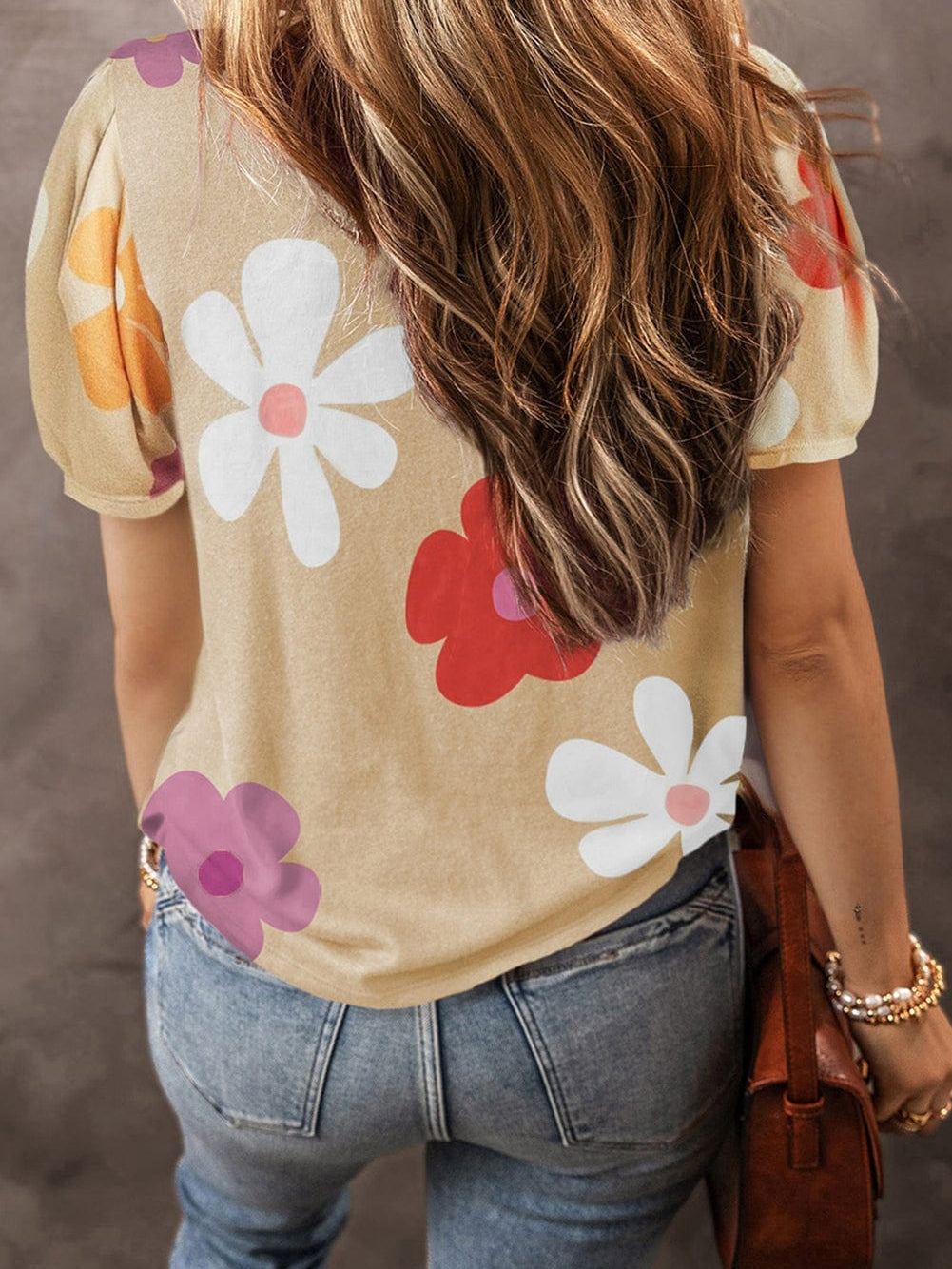 Apricot Blossom Bubble Sleeve T-shirt with Floral Print