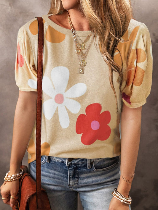 Apricot Blossom Bubble Sleeve T-shirt with Floral Print