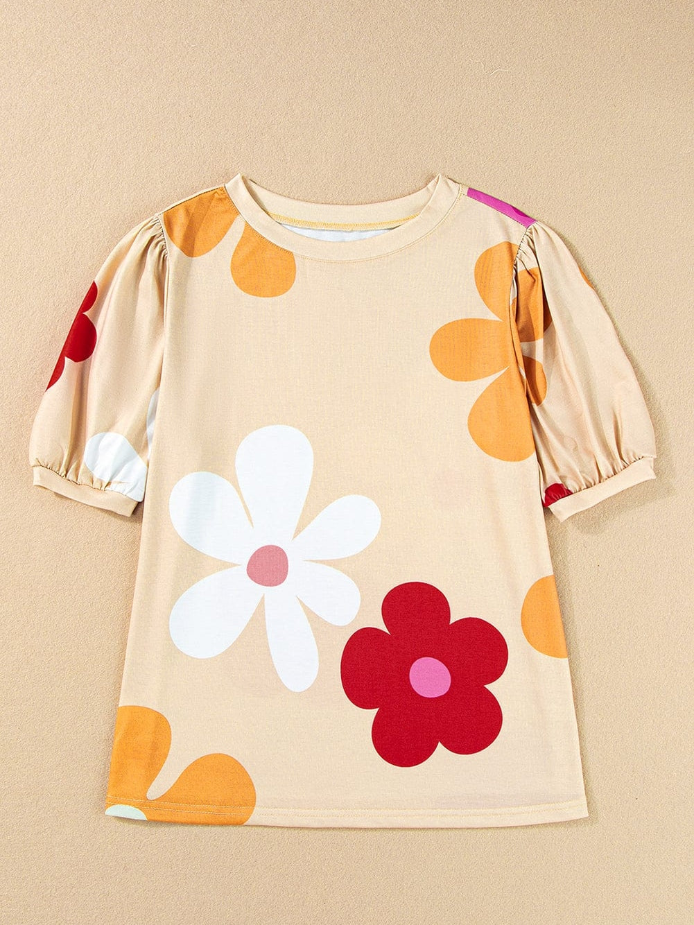 Apricot Blossom Bubble Sleeve T-shirt with Floral Print