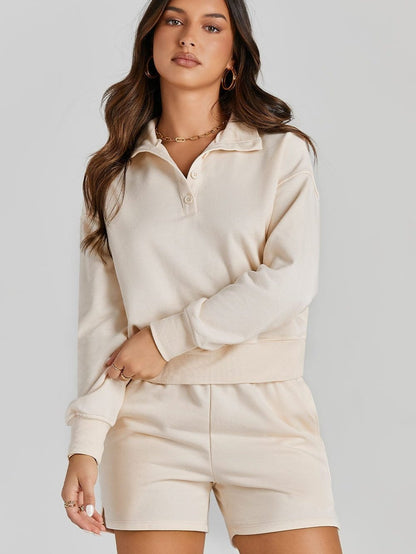 Apricot Casual High Neck Henley Top and Short Outfit