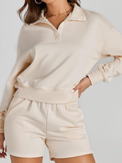 Apricot Casual High Neck Henley Top and Short Outfit