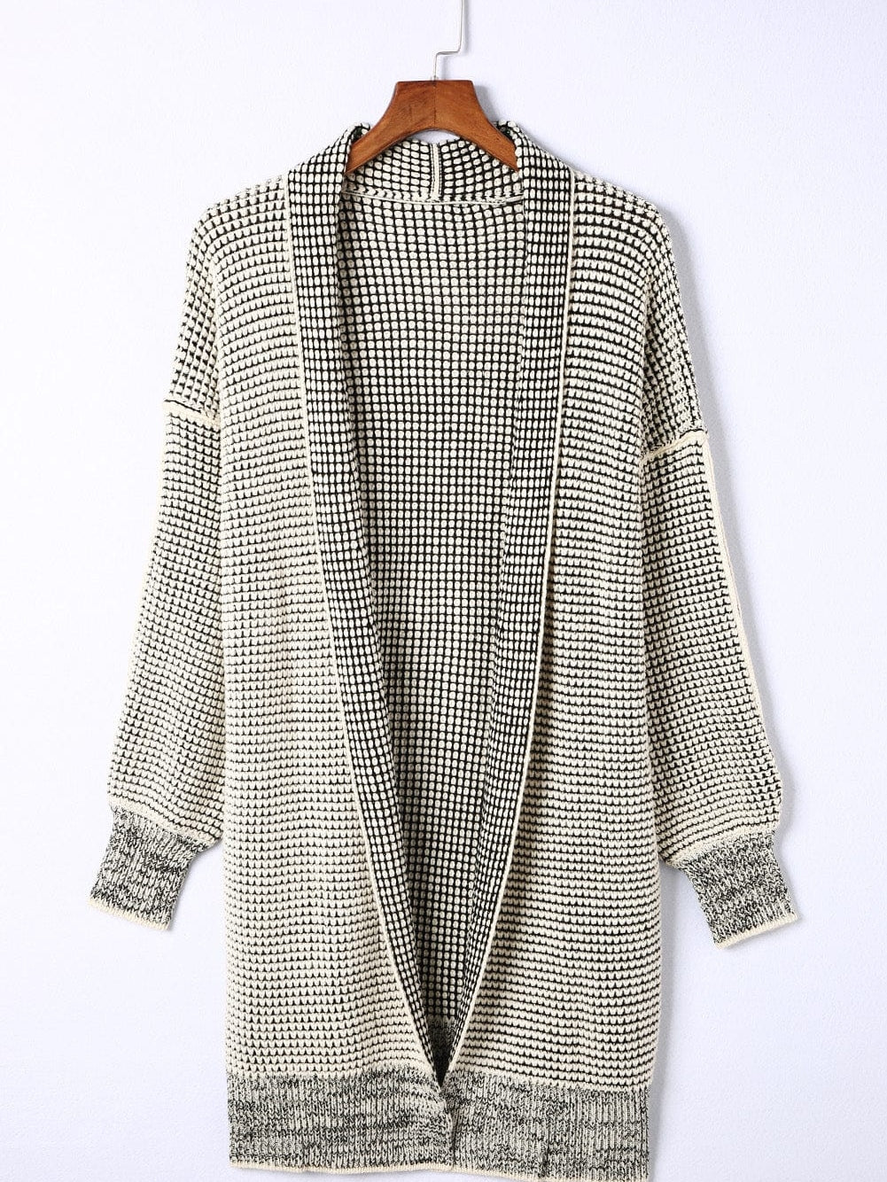 Apricot Checkered Knit Longline Open Front Cardigan