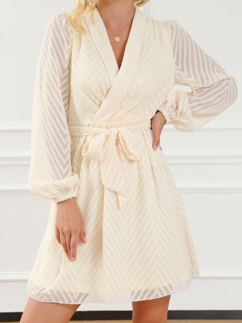 Apricot Chevron Sheer Puff Sleeve Surplice Mini Dress