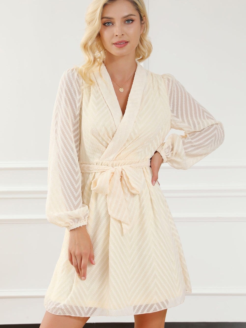 Apricot Chevron Sheer Puff Sleeve Surplice Mini Dress