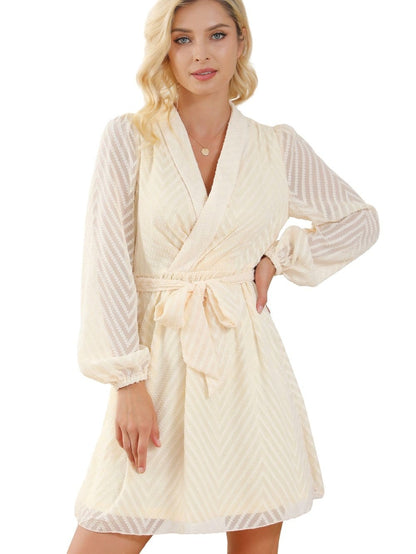 Apricot Chevron Sheer Puff Sleeve Surplice Mini Dress