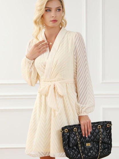 Apricot Chevron Sheer Puff Sleeve Surplice Mini Dress