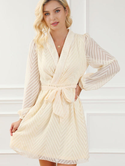 Apricot Chevron Sheer Puff Sleeve Surplice Mini Dress