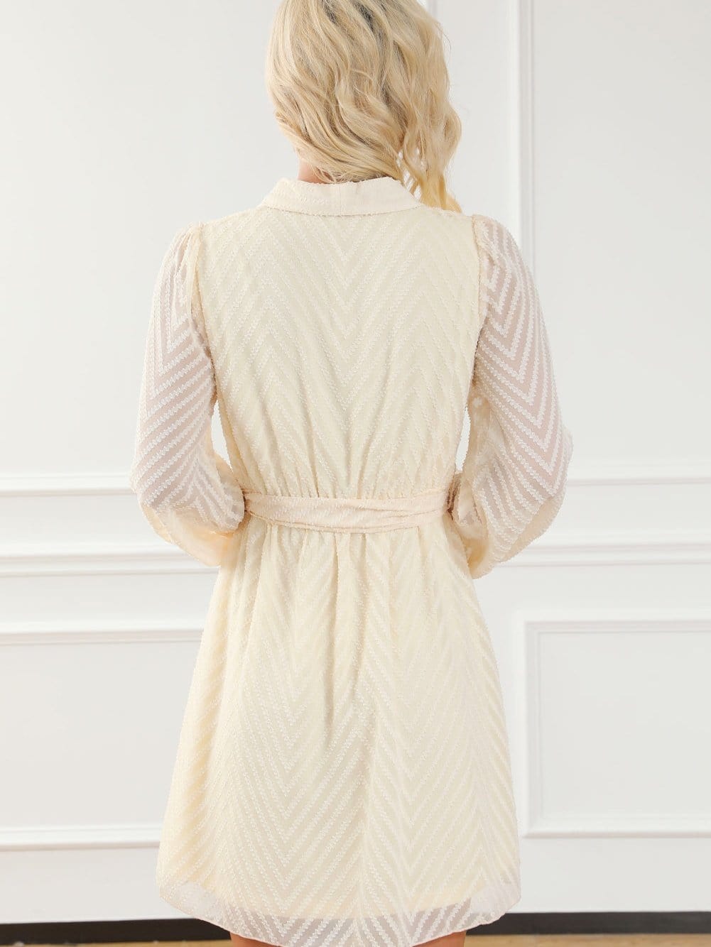 Apricot Chevron Sheer Puff Sleeve Surplice Mini Dress