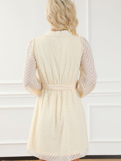 Apricot Chevron Sheer Puff Sleeve Surplice Mini Dress