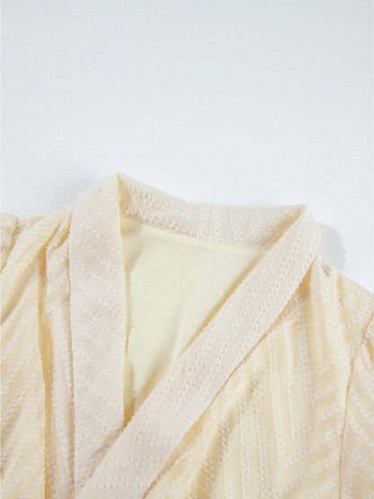 Apricot Chevron Sheer Puff Sleeve Surplice Mini Dress