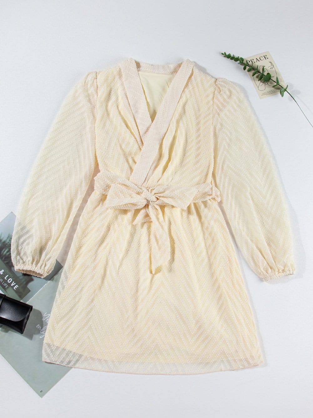 Apricot Chevron Sheer Puff Sleeve Surplice Mini Dress