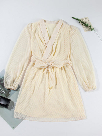 Apricot Chevron Sheer Puff Sleeve Surplice Mini Dress