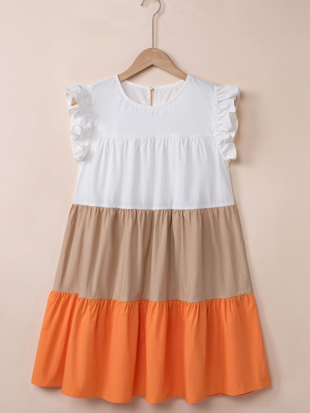 Apricot Colorblock Patchwork Ruffle Tiered Mini Dress