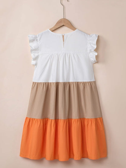 Apricot Colorblock Patchwork Ruffle Tiered Mini Dress