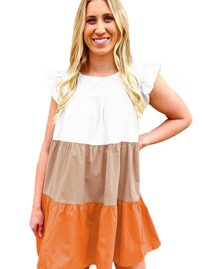 Apricot Colorblock Patchwork Ruffle Tiered Mini Dress
