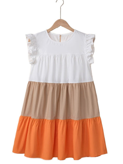 Apricot Colorblock Patchwork Ruffle Tiered Mini Dress