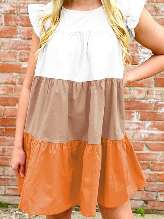 Apricot Colorblock Patchwork Ruffle Tiered Mini Dress