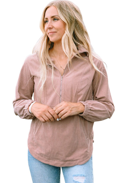 Apricot Corduroy Half Zip Kangaroo Pocket Sweatshirt