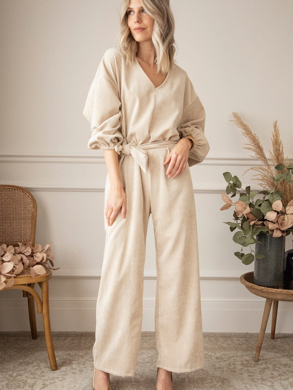 Apricot Corduroy Wide Leg Jumpsuit with Keyhole Back